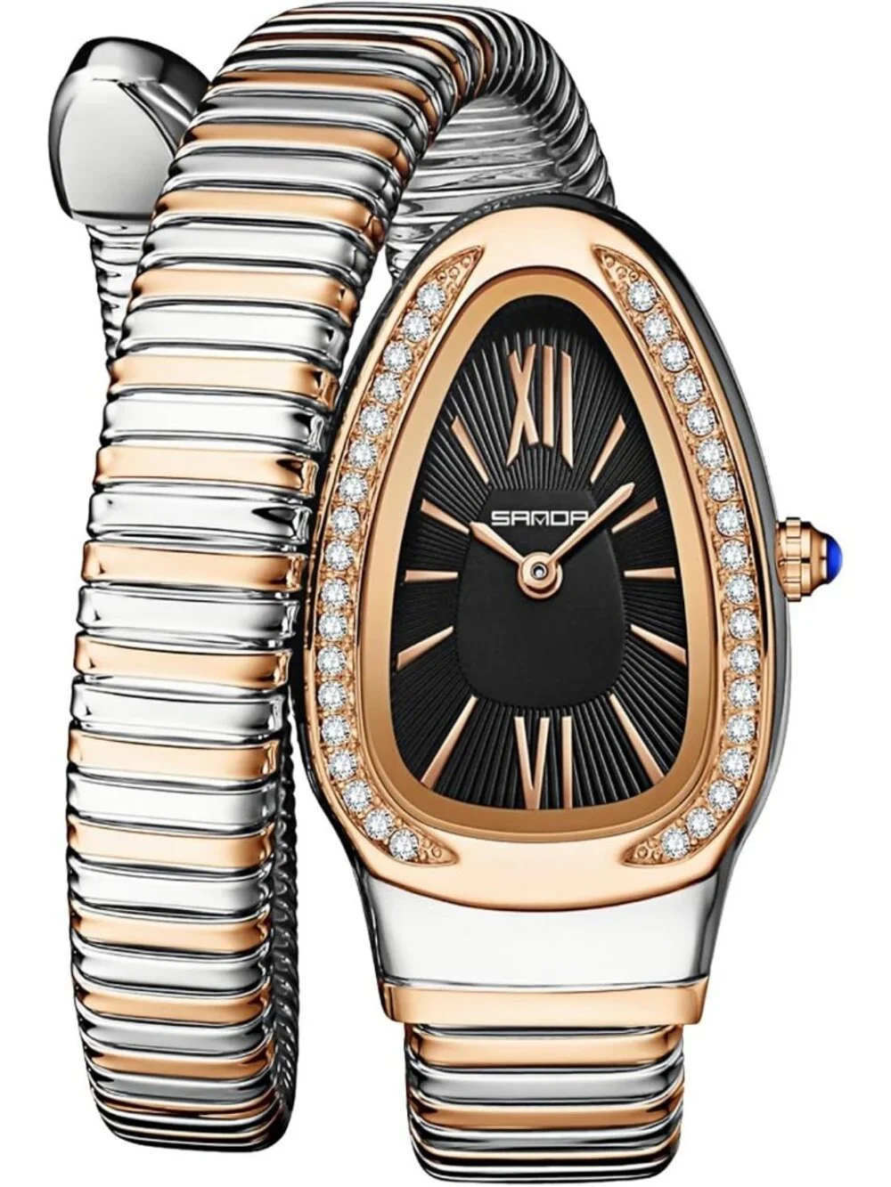 Women's Rose Silver Black Elegant Wrap Around Bangle Fashion Snake Cuff Watch